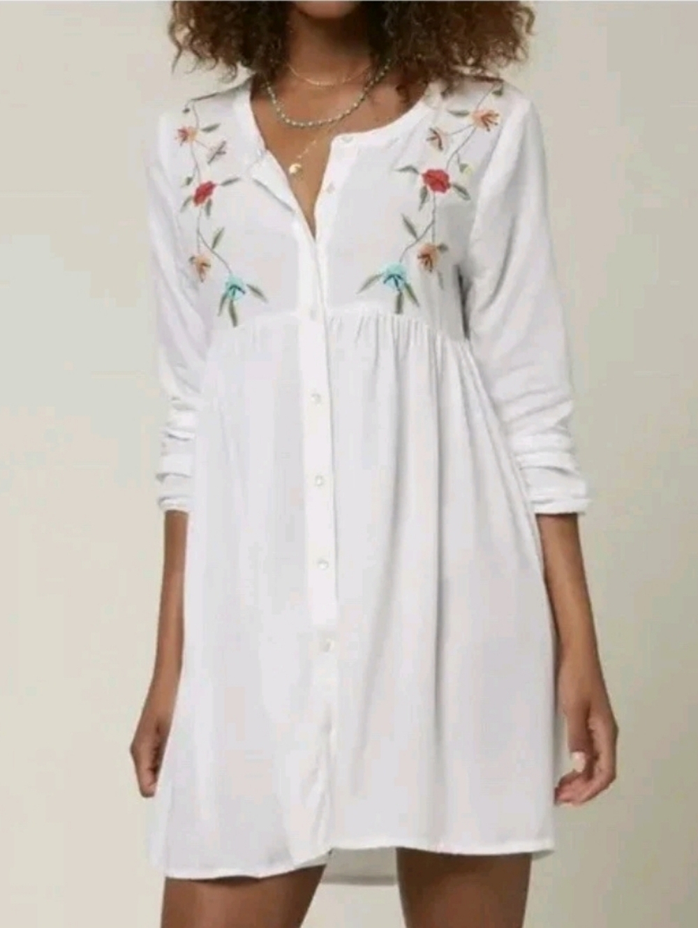 O'Neill White Embroidered Button-Front Mini Dress